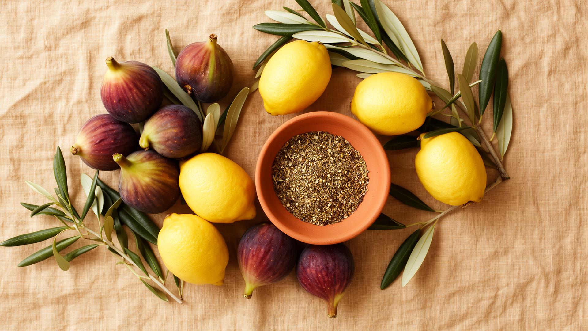 Composition méditerranéenne — figues, citrons, olives, za'atar